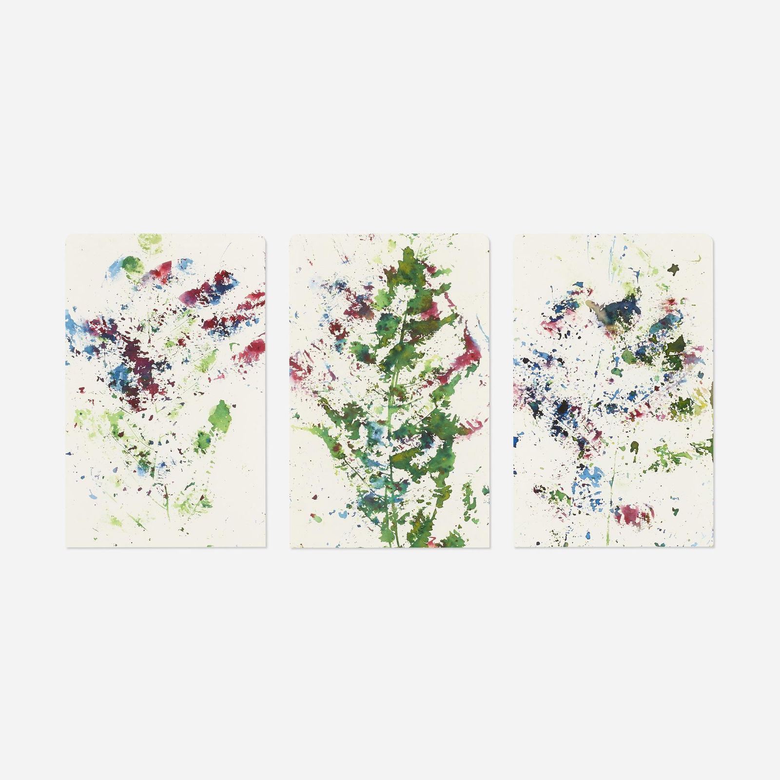 Sam Falls, Untitled (Fern Rain Paintings, three works): Sam Falls Untitled (Fern Rain Paintings, three works) 2013dye on paper8 h × 5 w in (20 × 13 cm) Provenance: Burlington City Arts, Burlington, VT | Private Collection,