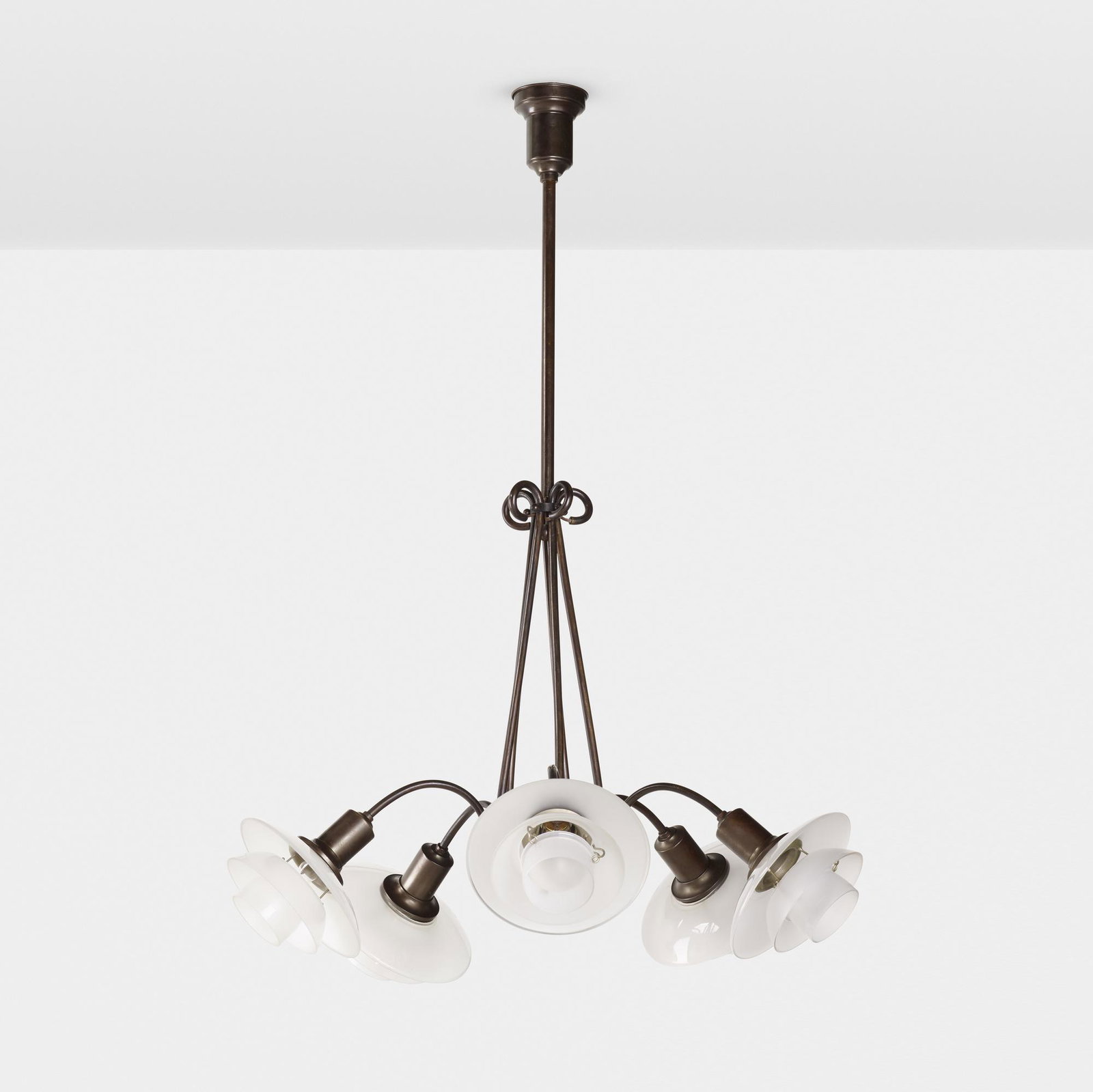 Poul Henningsen, PH Basket hanging lamp: Poul Henningsen PH Basket hanging lamp Louis Poulsen Denmark, c. 1931 burnished and patinated brass, glass 41 h × 27.5 dia in (104 × 70 cm) This lamp features PH 2/2 white colored glass shades