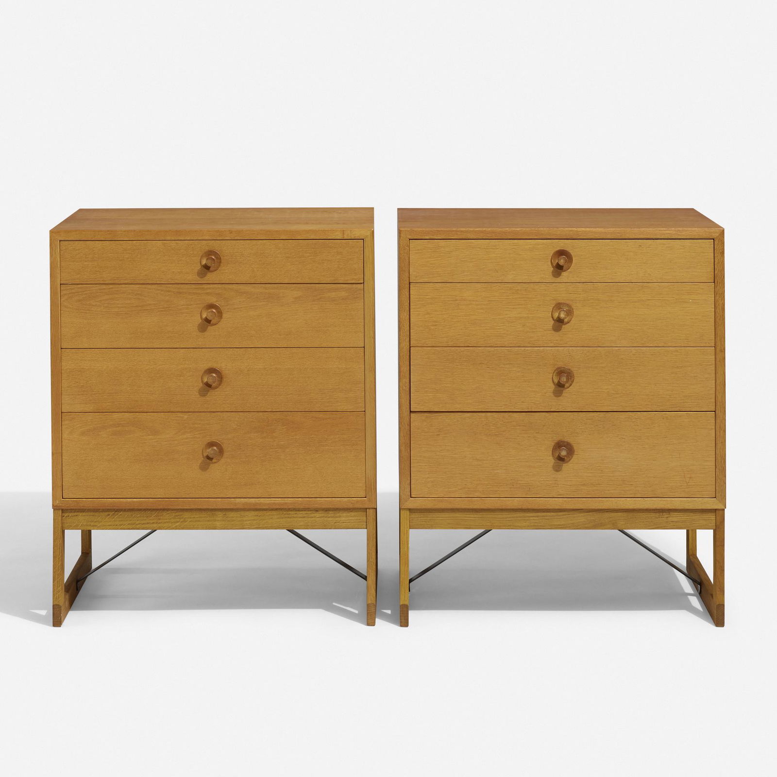 Borge Mogensen, cabinets, pair: Borge Mogensen cabinets, pair Karl Andersson & SonerDenmark / Sweden, c. 1955oak, enameled steel27 w × 19 d × 33 h in (69 × 48 × 84 cm) Cabinets each features four drawers. Foil manufacture