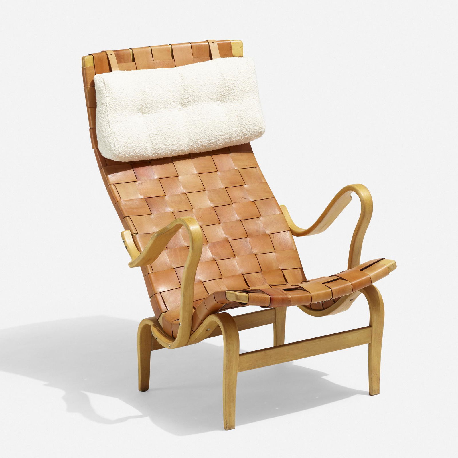 Bruno Mathsson, Pernilla 2 lounge chair: Bruno Mathsson Pernilla 2 lounge chair Firma Karl MathssonSweden, 1944 / 1978laminated and steam-bent beech, leather, upholstery25.25 w × 34 d × 39.25 h in (64 × 86 × 100 cm) Branded manufa