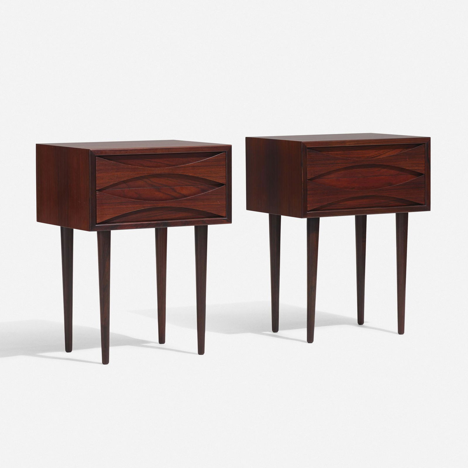Arne Vodder, nightstands, pair: Arne Vodder nightstands, pair N.C. MoblerDenmark, c. 1960rosewood15.75 w × 12.5 d × 21.25 h in (40 × 32 × 54 cm) Each nightstand features two drawers. Foil manufacturer's label to drawer of