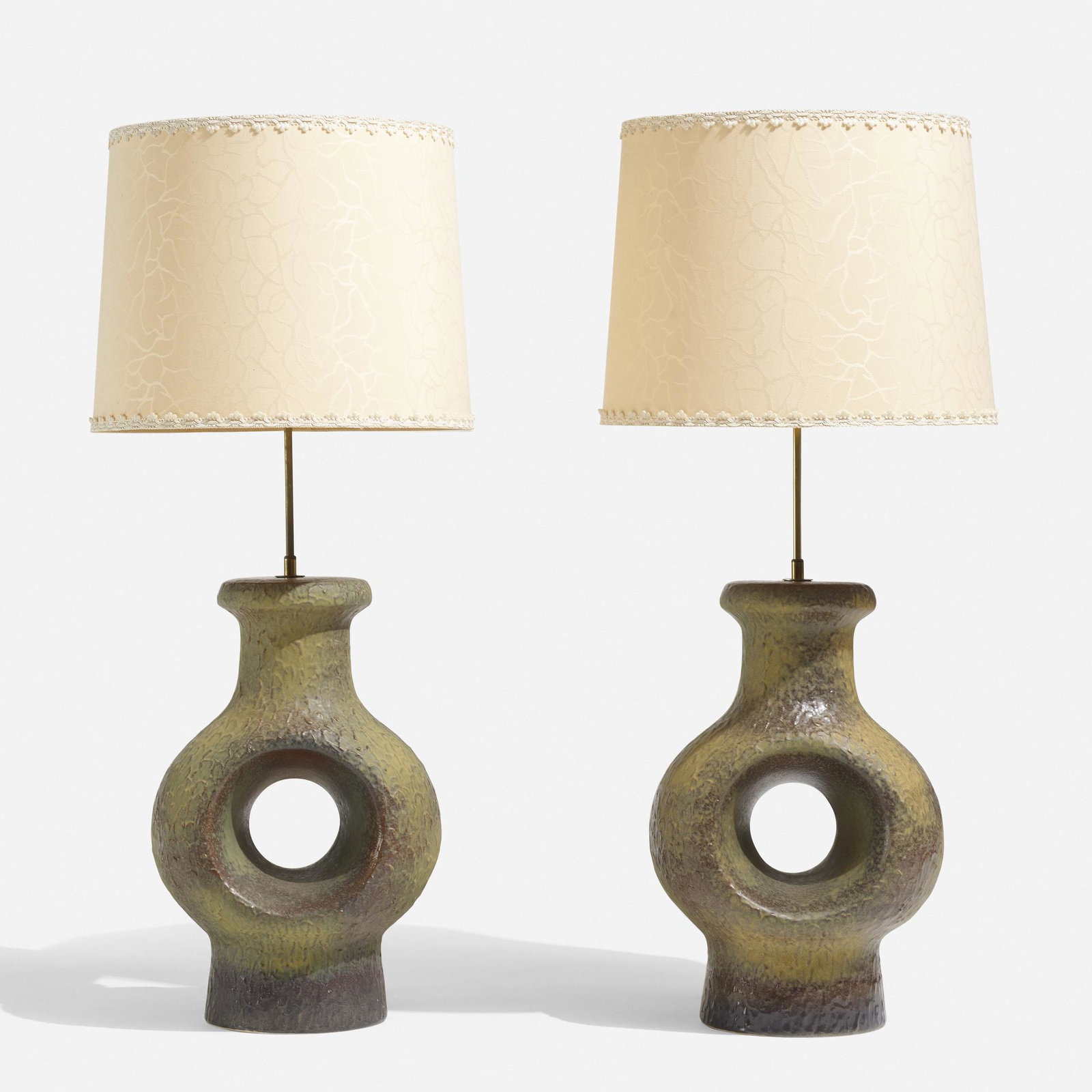 Danish, table lamps, pair: Danish table lamps, pair c. 1955 glazed ceramic, brass-plated steel, silk 18 dia × 40.5 h in (46 × 103 cm) please note: This work is located at, and will ship from, Wright in Chicago,