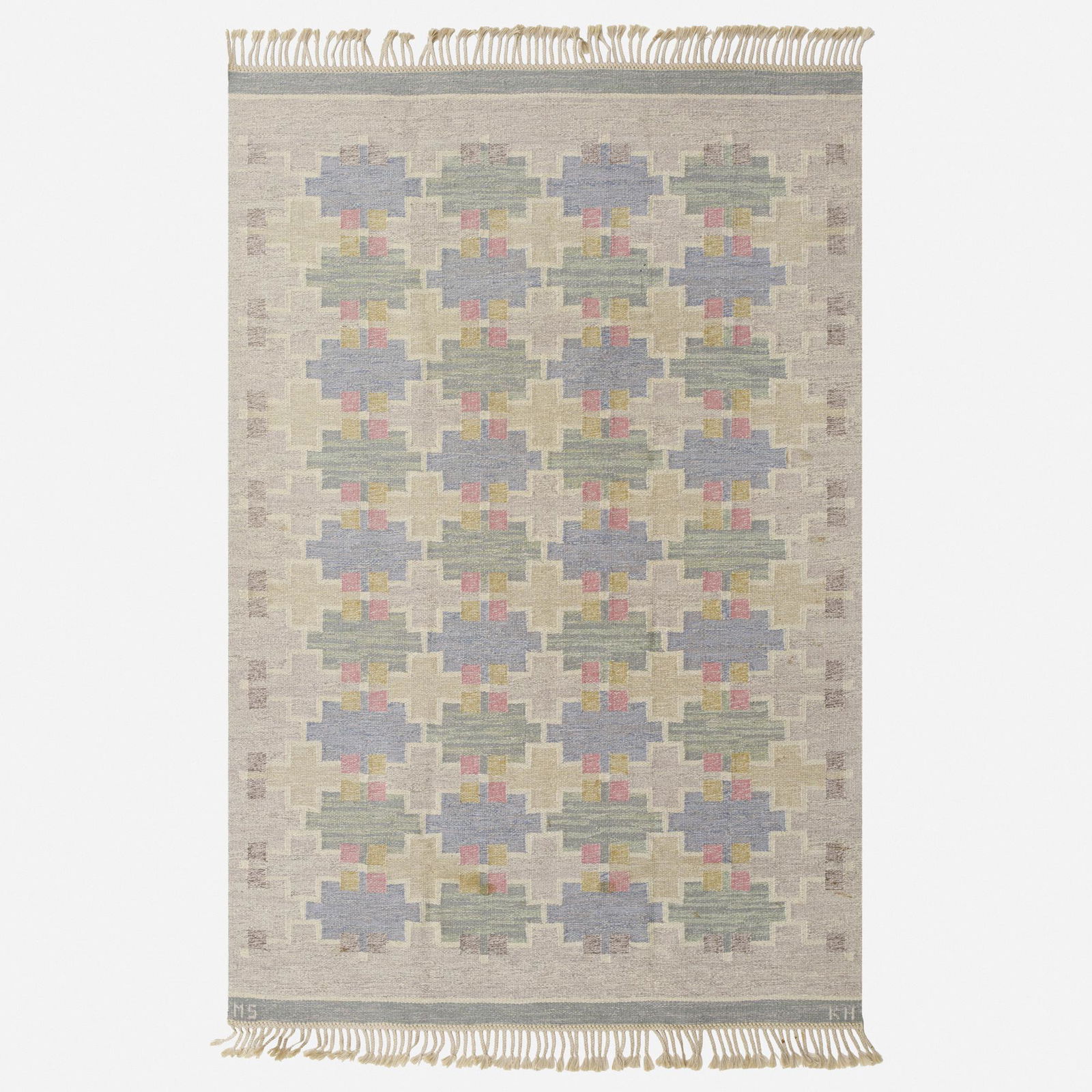 Maj Svanstrom, flatweave carpet: Maj Svanstrom flatweave carpet Klockargarden HemslojdSweden, c. 1980hand-woven wool63 w × 96 l in (160 × 244 cm) Woven signature to edge 'MS KH'. please note: This work
