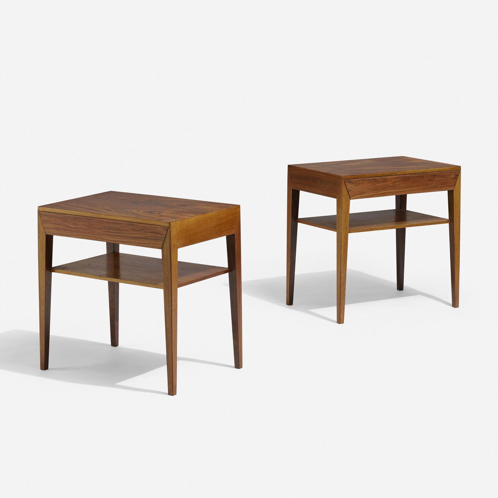 Severin Hansen Jr., nightstands, pair: Severin Hansen Jr. nightstands, pair Haslev Mobelsnedkeri A/SDenmark, c. 1965rosewood19.5 w × 13.5 d × 19.75 h in (50 × 34 × 50 cm) Each work features a single drawer. Applied manufacturer'