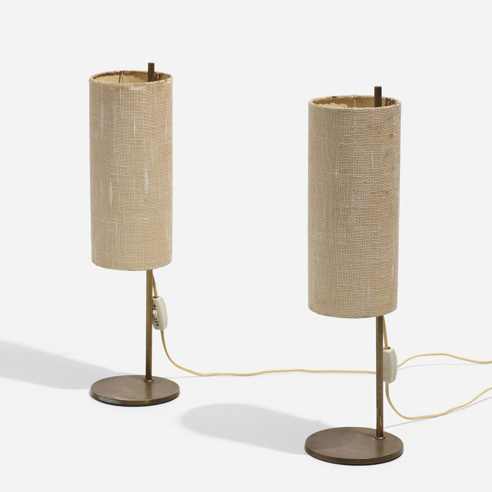 Lyfa, table lamps, pair: Lyfa table lamps, pair Denmark, c. 1955brass, steel, fabric5.5 dia × 20 h in (14 × 51 cm) please note: This work is located at, and will ship from, Wright in Chicago, Illinois.