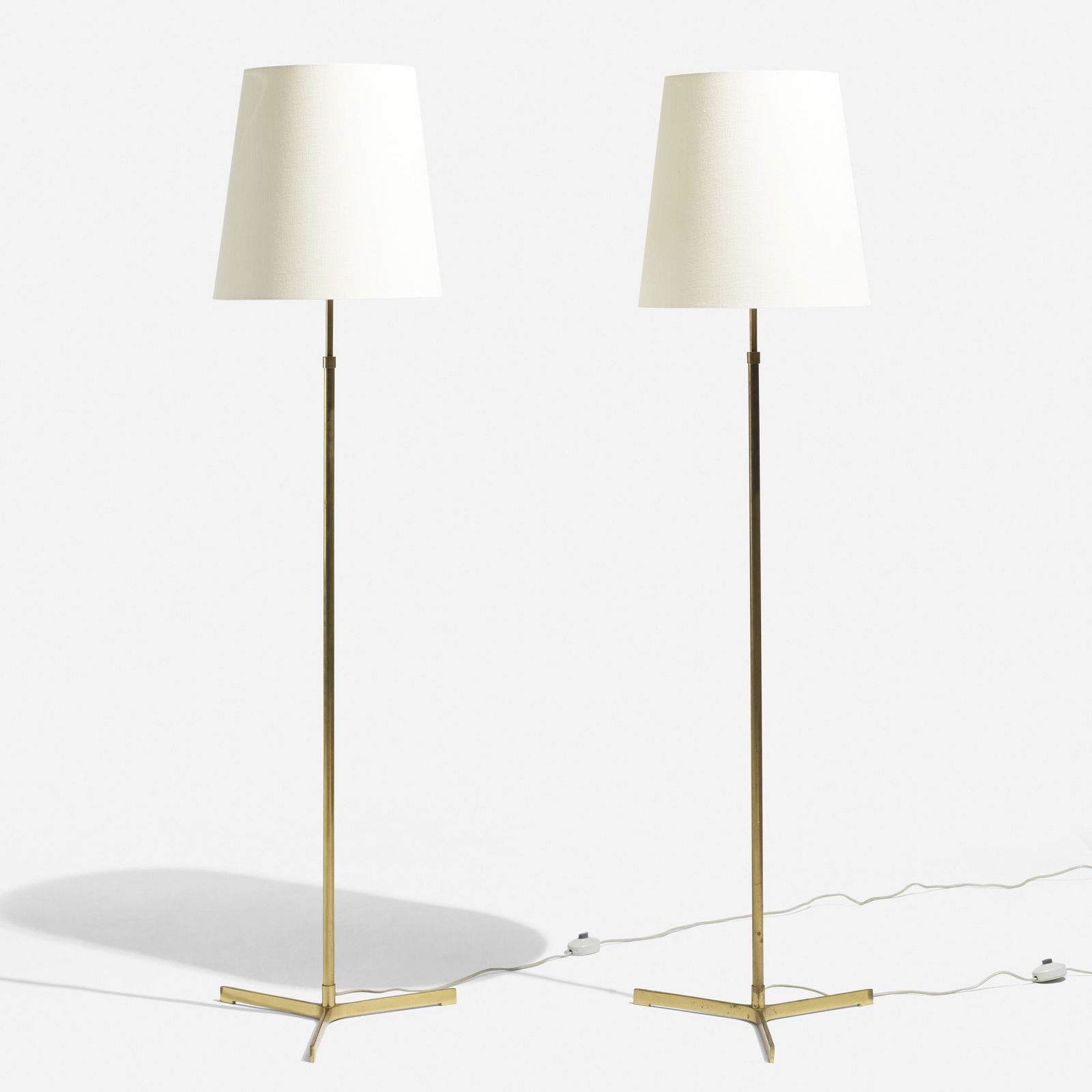 Jo Hammerborg, floor lamps, pair: Jo Hammerborg floor lamps, pair Fog & MorupDenmark, c. 1950brass, linen15.75 dia × 63 h in (40 × 160 cm) please note: This work is located at, and will ship from, Wright in Chi