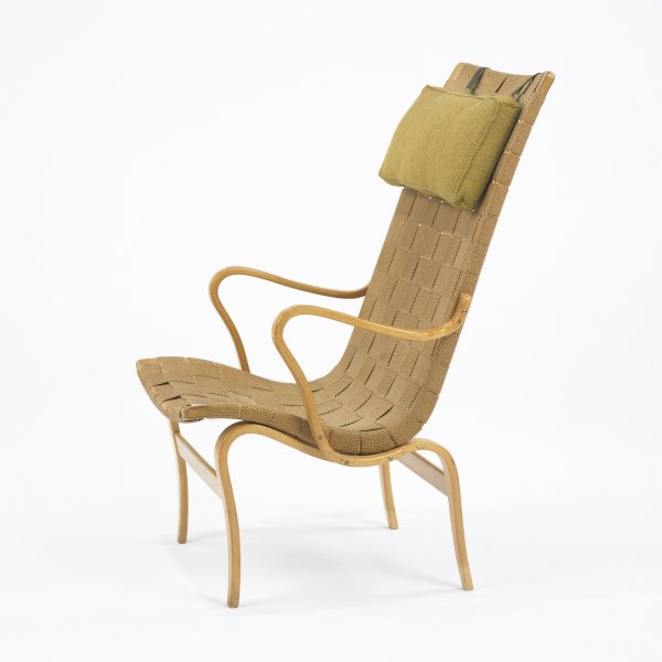 Bruno Mathsson Eva chair: Bruno Mathsson Eva chair Karl Mathsson Sweden, 1941 beech plywood, canvas, wool upholstery, leather 25 w x 30.5 d x 41.5 h inches Signed with applied manufacturer's mark to underside: [Bruno Mathsson