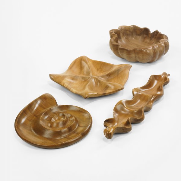 Russel Wright Oceana bowls, set of four: Russel Wright Oceana bowls, set of four Klise Woodworking USA , 1935 carved maple 13 w x 13.5 d x 2 h inches Branded signature to underside of each example: [Russel Wright].