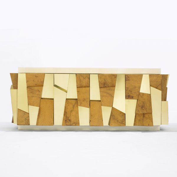 Paul Evans Faceted cabinet: Paul Evans Faceted cabinet Paul Evans Studio for Directional USA, c. 1970 maple burl, brass, enameled fiberglass 82 w x 24 d x 32 h inches Cabinet features two bi-fold doors concealing two storage com