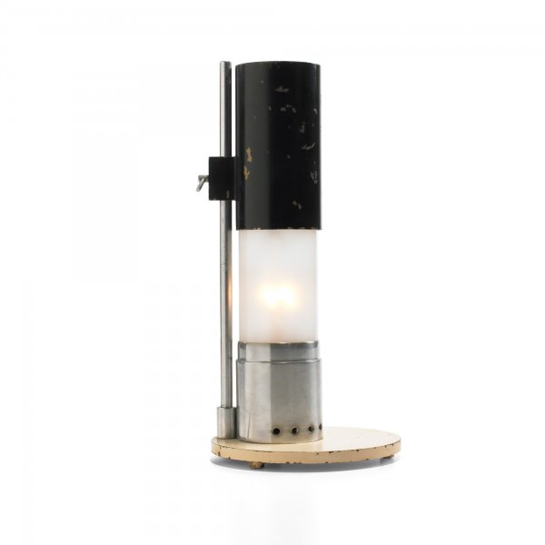 Angelo Lelli table lamp: Angelo Lelli table lamp Arredoluce Italy, c. 1958 enameled steel, aluminum, frosted glass 4.75 dia x 10 h inches This lamp features an adjustable diffuser.