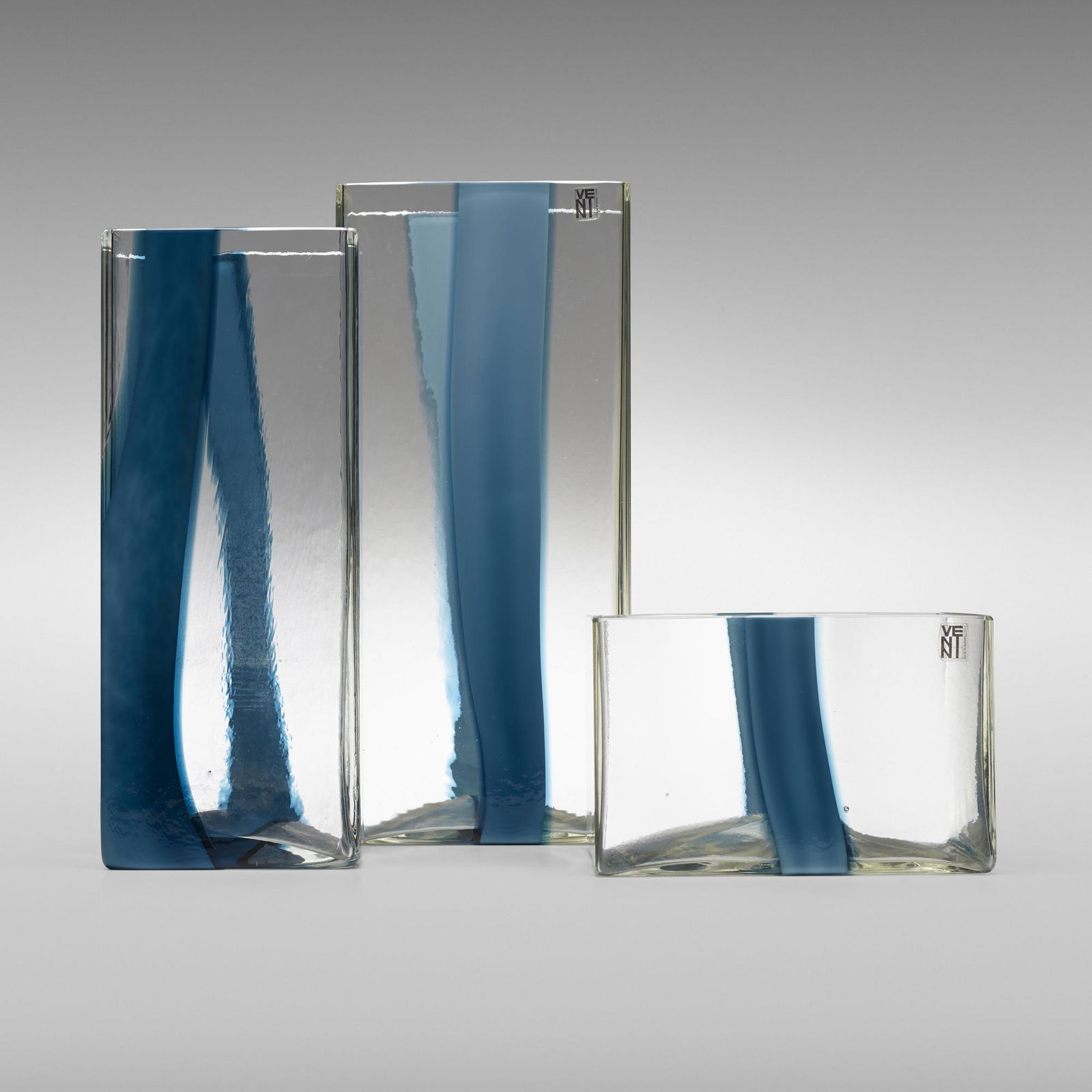 Ludovico Diaz de Santillana, vases for Pierre Cardin: Ludovico Diaz de Santillana vases for Pierre Cardin, set of three VeniniItaly, 1969internally decorated glass6 w × 6 d × 13.5 h in (15 × 15 × 34 cm) Additional examp