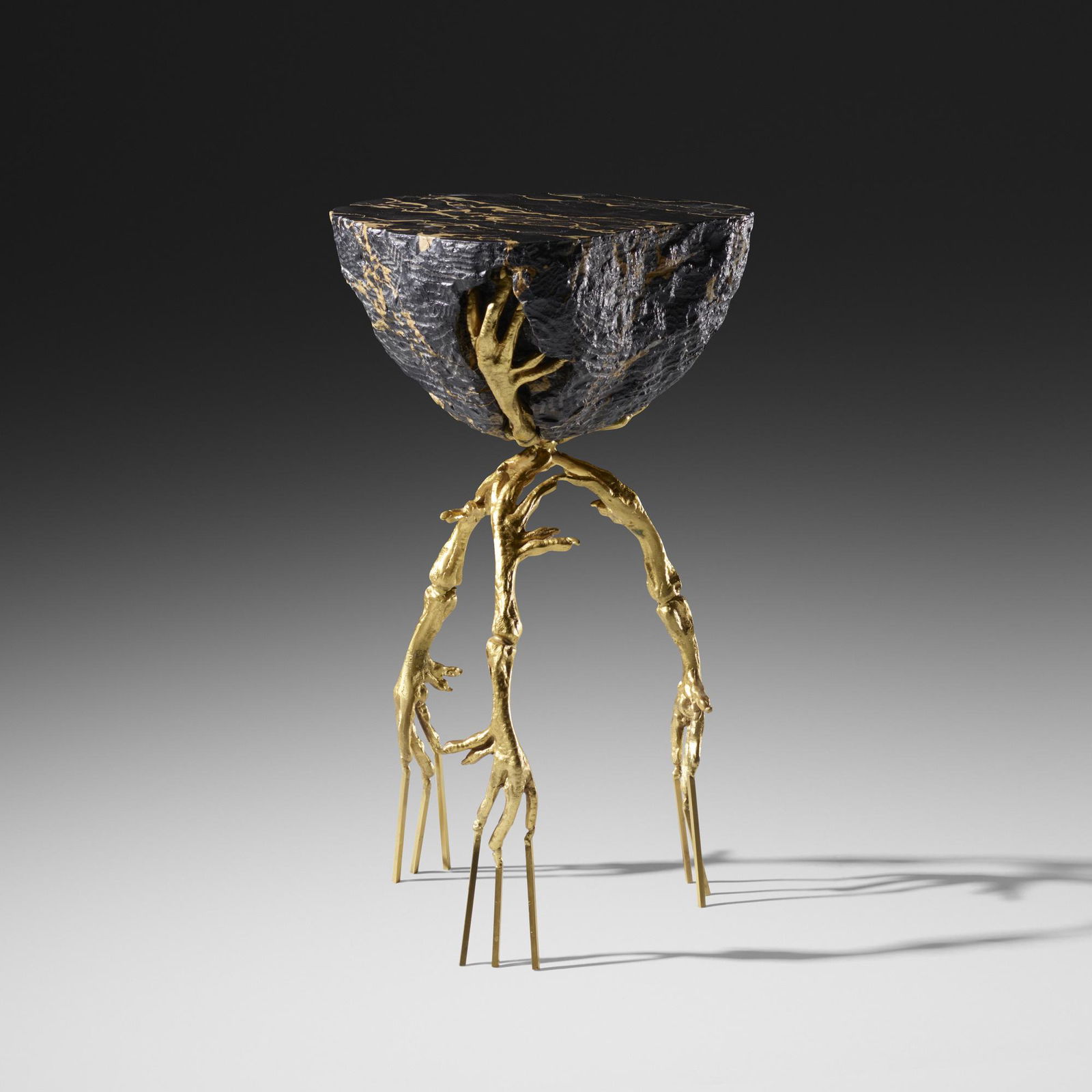 Fernando & Humberto Campana, Edward Scissorhands table: Fernando and Humberto Campana Edward Scissorhands side table from the Brazilian Baroque Collection Giustini/StagettiItaly, 2014Portoro marble, gilded bronze12 w × 10.5 d × 22 h in (30