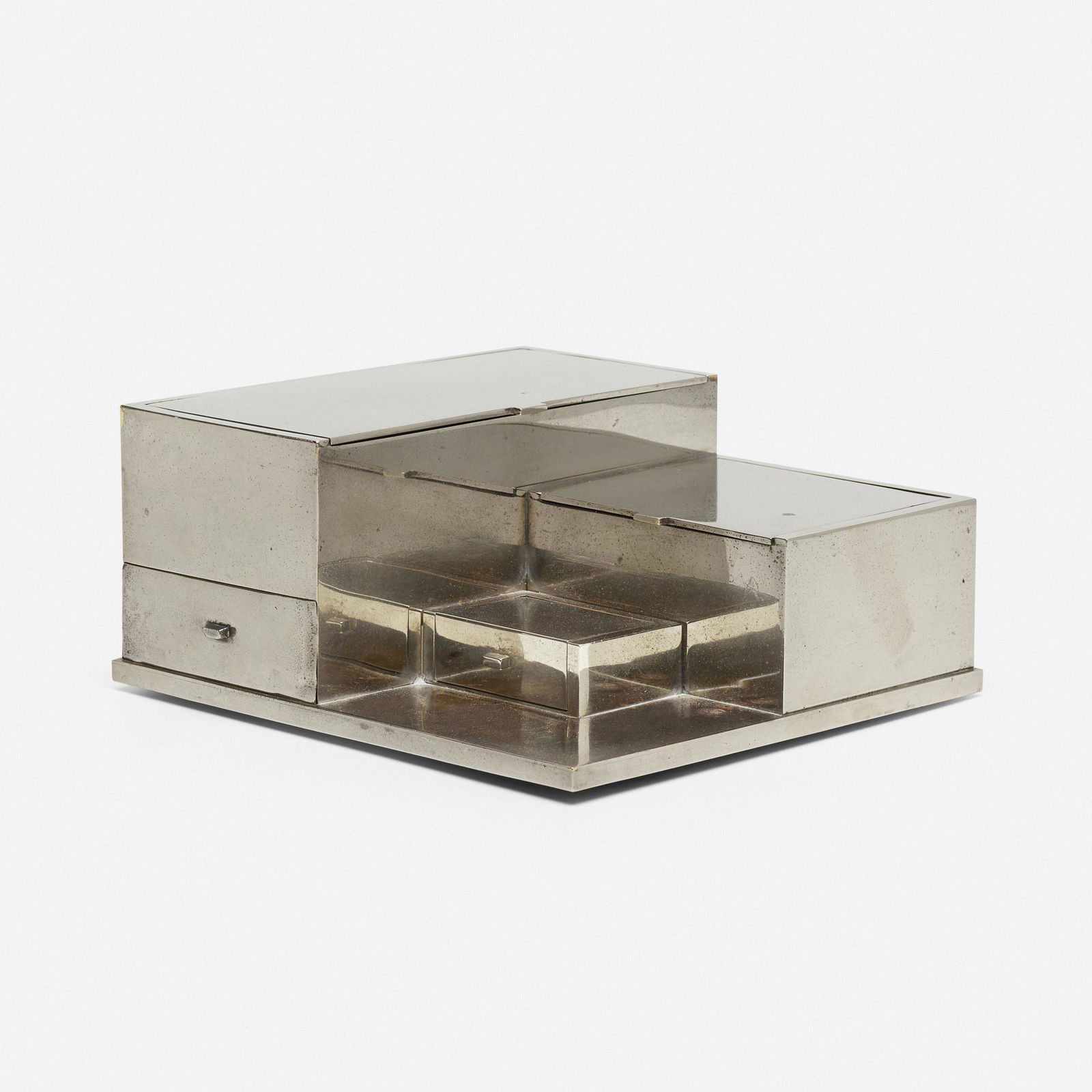 Robert Mallet-Stevens, Rare tobacco box: Robert Mallet-Stevens Rare tobacco box Maison DesnyFrance, c. 1928nickel-plated brass9 w × 8 d × 4 h in (23 × 20 × 10 cm) Signed with impressed manufacturer's mark t