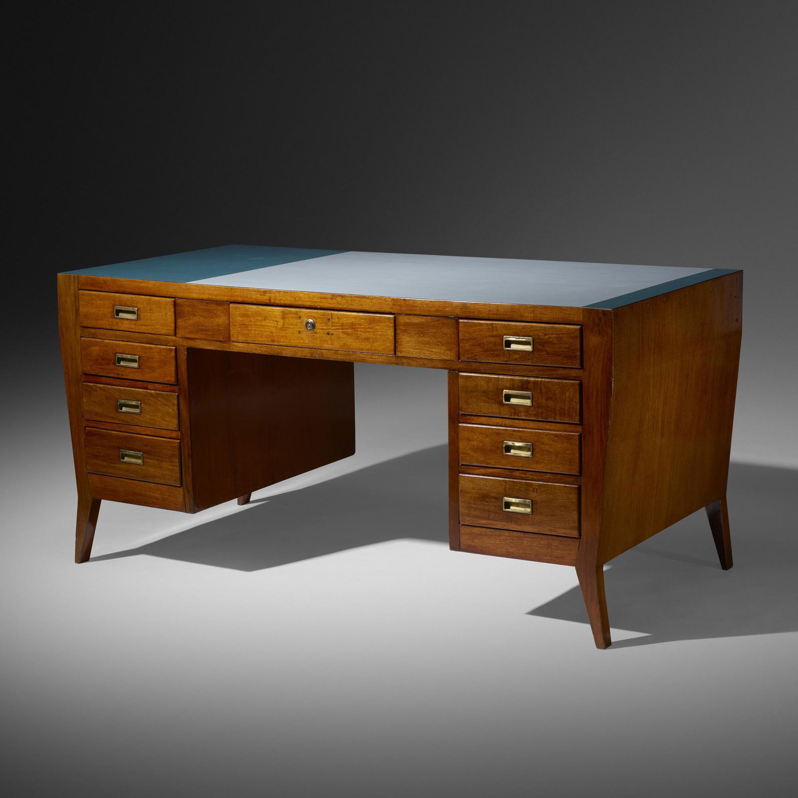 Gio Ponti, desk: Gio Ponti desk Giordano ChiesaItaly, c. 1950Italian walnut, laminate, brass62.75 w × 31.75 d × 31 h in (159 × 81 × 79 cm) This desk features nine drawers, one of whi