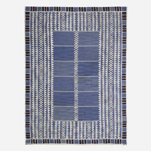 Barbro Nilsson, Salerno flatweave carpet: Barbro Nilsson Salerno flatweave carpet Marta Maas-Fjetterstrom ABSweden, 1948hand-woven wool93 w × 126 l in (236 × 320 cm) Woven signature to edge 'AB MMF BN'. P