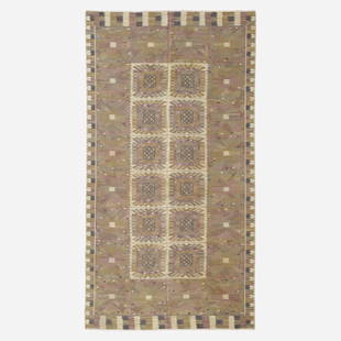 Barbro Nilsson, Carnation tapestry weave carpet: Barbro Nilsson Monumental Carnation tapestry weave carpet Marta Maas-Fjetterstrom ABSweden, 1950hand-woven wool109 w × 206 l in (277 × 523 cm) Woven signature to edge 'AB MMF BN