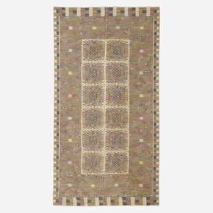 Barbro Nilsson, Carnation tapestry weave carpet: Barbro Nilsson Monumental Carnation tapestry weave carpet Marta Maas-Fjetterstrom AB Sweden, 1950 hand-woven wool 109 w × 206 l in (277 × 523 cm) Woven signature to edge 'AB MMF BN'. 