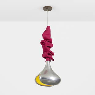 Jordan Mozer, pendant lamp from Americas: Jordan Mozer pendant lamp from Americas, River Oaks, Houston Jordan Mozer Studios USA, c. 2010 cast polished aluminum, enameled aluminum, felt, enameled steel 16 w × 11.5 d × 54 h in (41