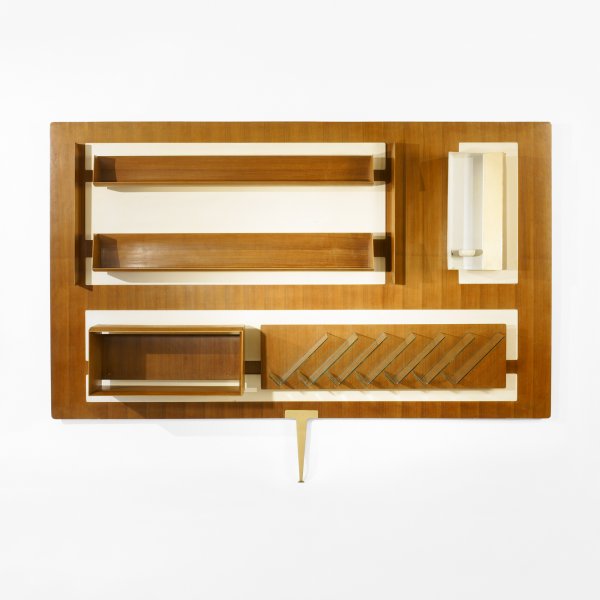 Gio Ponti illuminated organized wall: Gio Ponti illuminated organized wall Giordano Chiesa Italy , c. 1955 walnut, lacquered wood, brass, enameled brass, tempered glass 116.5 w x 17 d x 83.5 h inches Literature: Gio Ponti: l'Arte Si Innam