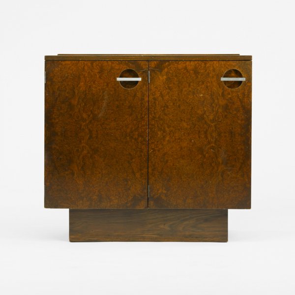 Gilbert Rohde Formal Dining Group chest, model 372: Gilbert Rohde Formal Dining Group chest, model 3725 Herman Miller USA, c. 1940 Maidou burl, mahogany, matte chrome-plated steel, Brazilian rosewood 36 w x 16.5 d x 33.5 h inches Two doors conceal one