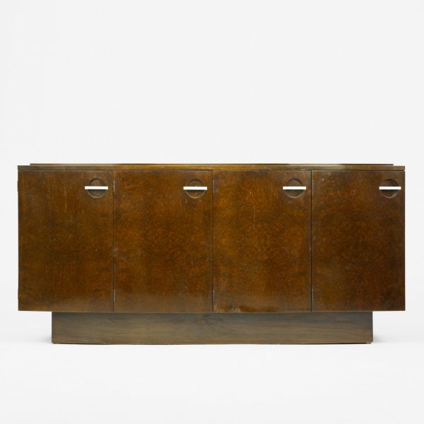 Gilbert Rohde Formal Dining Group cabinet: Gilbert Rohde Formal Dining Group cabinet, model 3725 Herman Miller USA, c. 1940 Maidou burl, mahogany, matte chrome-plated steel, Brazilian rosewood 72 w x 21 d x 33.5 h inches Four doors conceal nin