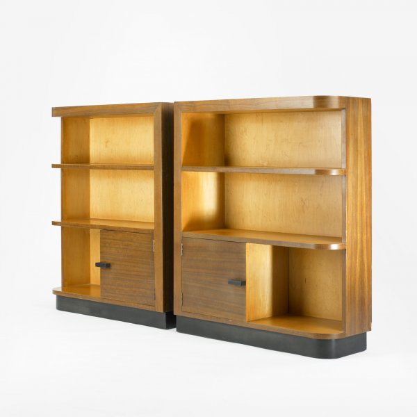 Gilbert Rohde bookshelves models 3634 and 3632: Gilbert Rohde bookshelves models 3634 and 3632, pair Herman Miller USA, c. 1940 East Indian laurel, birch, lacquered wood 32 w x 11 d x 39 h inches Signed with applied foil manufacturer's label to rev