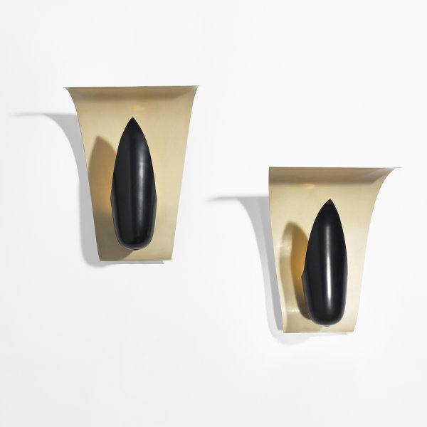 Angelo Lelli sconces, pair: Angelo Lelli sconces, pair Arredoluce Italy, c. 1950 enameled aluminum and brass 10 w x 6.5 d x 14 h inches Signed with decal manufacturer's label to reverse of each example: [Made In Italy Arredoluce