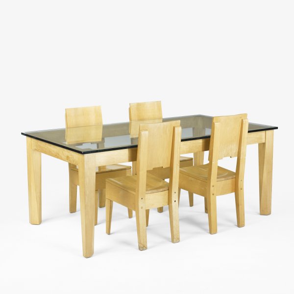 Roy McMakin Dining set: Roy McMakin Dining set Domestic Furniture Co. USA, 1987 maple, maple plywood, glass 15 w x 18 d x 35.25 h inches Dining set includes table and four Cove chairs. Table measures: 40 w x 72 d x 29.25 h i