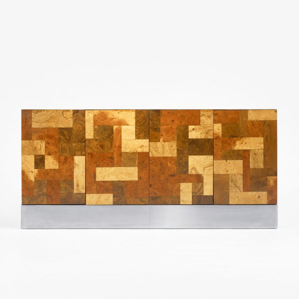 Paul Evans Cityscape cabinet: Paul Evans Cityscape cabinet Paul Evans Studio for Directional USA, c. 1975 burled elm, stainless steel 65.5 w x 22 d x 31 h inches This cabinet features four doors concealing two adjustable shelves.