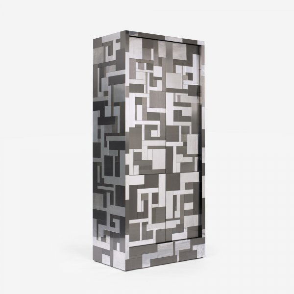 Paul Evans Cityscape cabinet: Paul Evans Cityscape cabinet Paul Evans Studio for Directional USA, c. 1970 chrome-plated and patinated steel, laminated wood 34 w x 20 d x 78.25 h inches This cabinet features four doors concealing t
