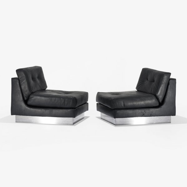 Jacques Charpentier California lounge chairs, pair: Jacques Charpentier California lounge chairs, pair France, c. 1970 leather, stainless steel 28 w x 35 d x 28 h inches Signed with applied foil studio label to underside of each example: [JC Jacques Ch