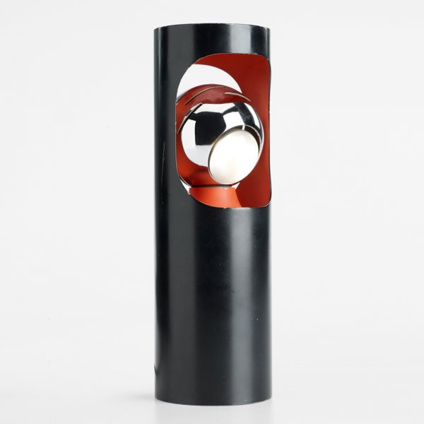 Angelo Lelli Contrast lamp: Angelo Lelli Contrast lamp Arredoluce Italy, c. 1970 enameled brass, enameled and chrome-plated steel, acrylic 3.25 dia x 9.75 h inches Signed with decal manufacturer's label to underside: [Made In It