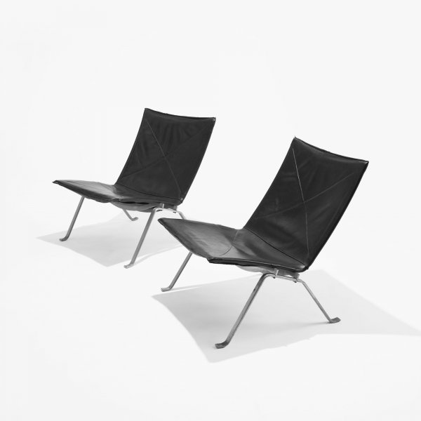 Poul Kjaerholm PK 22 lounge charis, pair: Poul Kjaerholm PK 22 lounge charis, pair E. Kold Christensen Denmark, 1955 matte chrome-plated steel, leather 25 w x 26 d x 28.5 h inches Signed with impressed manufacturer's mark to underside of each