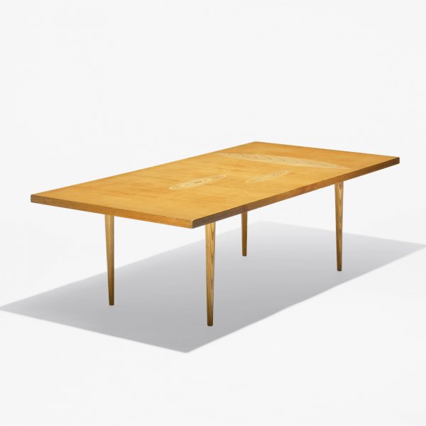 Tapio Wirkkala coffee table, model 9015: Tapio Wirkkala coffee table, model 9015 Asko Finland, 1958 laminated birch and teak, ash 48.75 w x 24.5 d x 16 h inches This example features laminated legs, a rare characteristic for this form. Signe