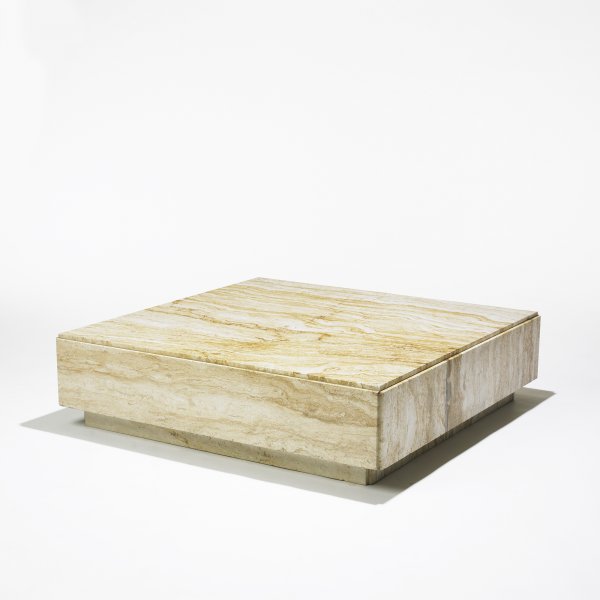 In the manner of Milo Baughman coffee table: In the manner of Milo Baughman coffee table USA, c. 1975 travertine 39.25 w x 39.25 d x 10.25 h inches