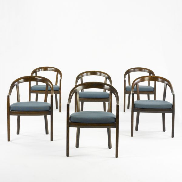 Ward Bennett armchairs, set of six: Ward Bennett armchairs, set of six Brickel Associates USA , c. 1975 lacquered oak, upholstery 24 w x 24 d x 33 h inches Signed with applied manufacturer's label to underside of each example: [Ward Ben