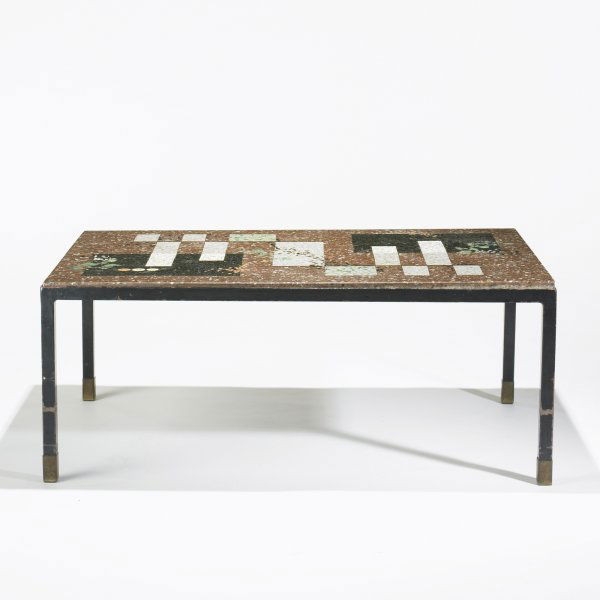 In the manner of Roger Capron coffee table: In the manner of Roger Capron coffee table c. 1975 terrazzo with brass inlay, enameled metal, brass 38.5 w x 24.25 d x 15.5 h inches