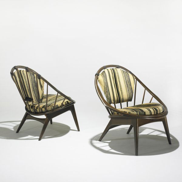 Danish lounge chairs, pair: Danish lounge chairs, pair Imported by Selig c. 1962 walnut, upholstery 33.5 w x 26.5 d x 33 h inches Signed with applied manufacturer's mark to underside: [Made and finished in Denmark, Imported by S