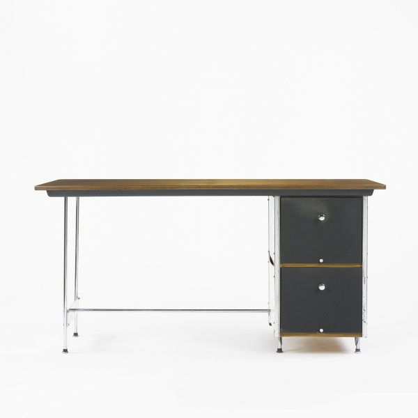 Charles and Ray Eames ESU desk: Charles and Ray Eames ESU desk Herman Miller USA, 1952 walnut plywood, lacquered masonite, chrome-plated steel, enameled steel, chrome-plated brass 60 w x 28 d x 29.75 h inches