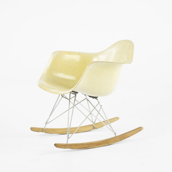 Charles and Ray Eames RAR: Charles and Ray Eames RAR Herman Miller/Zenith Plastics Co. USA, 1950 fiberglass shell with rope edge, zinc-plated steel, birch 25 w x 25 d x 27 h inches Signed with decal manufacturer's label to unde
