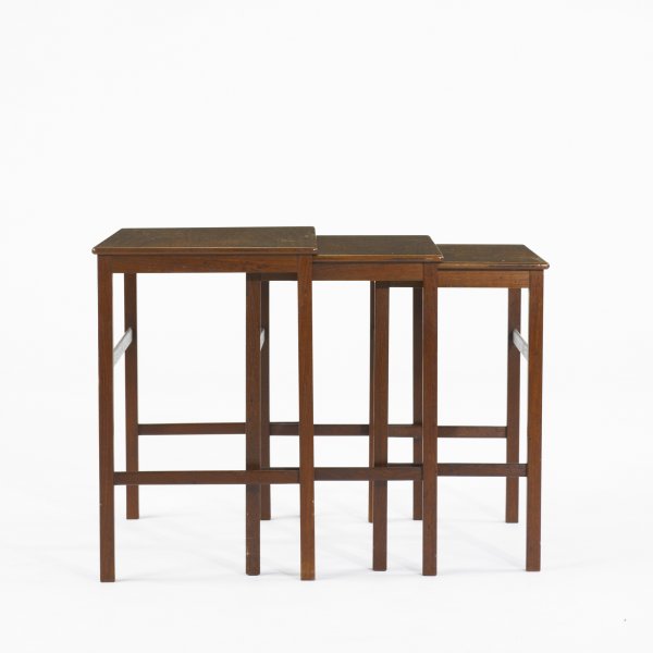 Illums Bolingus nesting tables, set of three: Illums Bolingus nesting tables, set of three Denmark, 1960s teak 23 w x 13.75 d x 20.5 h inches Signed with applied metal manufacturer's label to underside of one example: [Illums Bolingus Kobenhavn].