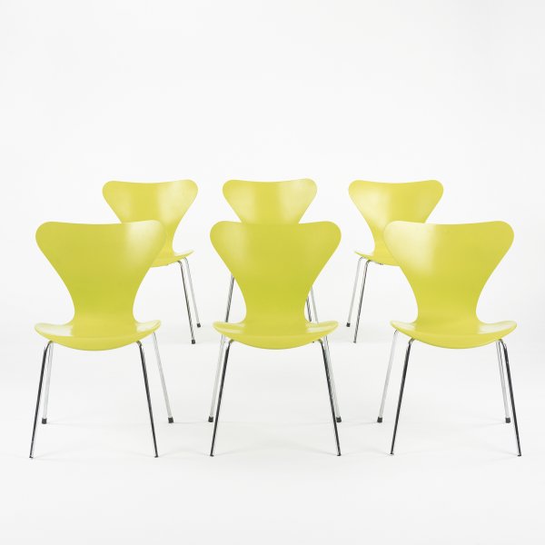 Jacobsen Sevener chairs model 3107, set of six: Arne Jacobsen Sevener chairs model 3107, set of six Fritz Hansen Denmark, 1955/1995 lacquered plywood, chrome-plated steel 18 w x 19.5 d x 30 h inches Literature: Arne Jacobsen, Thau and Vindum, pg. 3