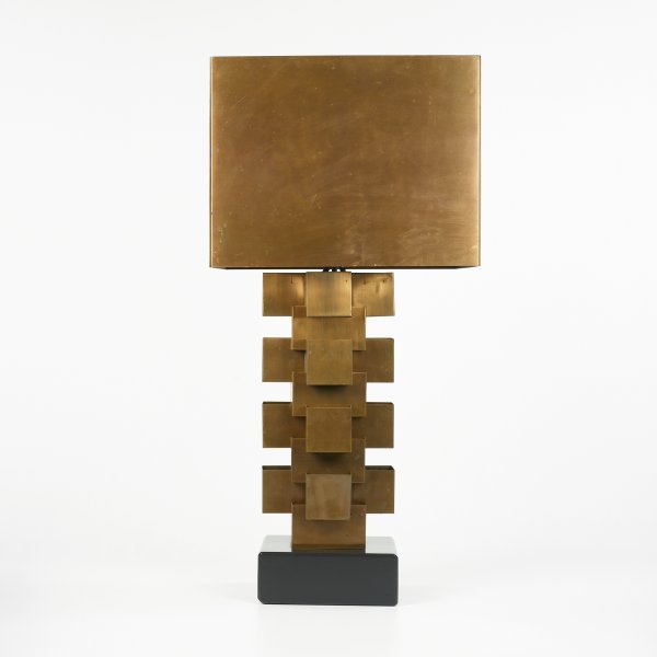 Curtis Jere table lamp: Curtis Jere table lamp USA , c. 1970 copper-plated steel, lacquered wood 18 w x 18 d x 36 h inches Signed with applied label to base: [C. Jere].