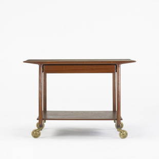 Thorald Madsen teacart: Thorald Madsen teacart Snedkeri Denmark, c. 1965 teak, brass, rubber 31.5 w x 19.5 d x 22 h inches Signed with applied metal manufacturer's label to drawer: [Thorald Madsen Snedkeri Kobenhavn].