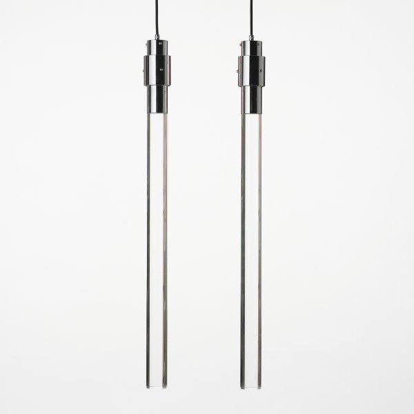 Manner of Angelo Mangiarotti pendant lamps, pair: In the manner of Angelo Mangiarotti pendant lamps, pair Italy, c. 1975 acrylic, chrome-plated steel 2.75 dia x 32 h inches Sold with original boxes.