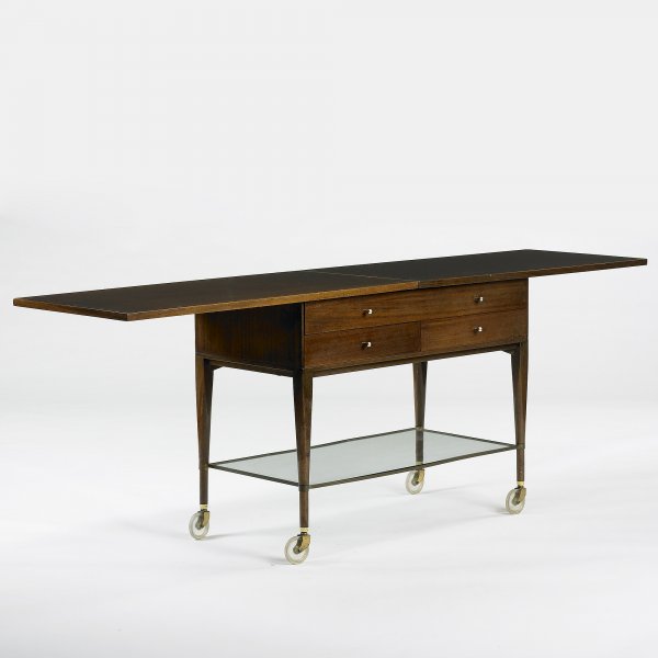 Paul McCobb serving cart: Paul McCobb serving cart Calvin USA, c. 1955 mahogany, brass, glass, chrome-plated brass 40 w x 20 d x 30 h inches Signed with metal manufacturer's label to drawer: [Calvin Grand Rapids The Calvin Gro
