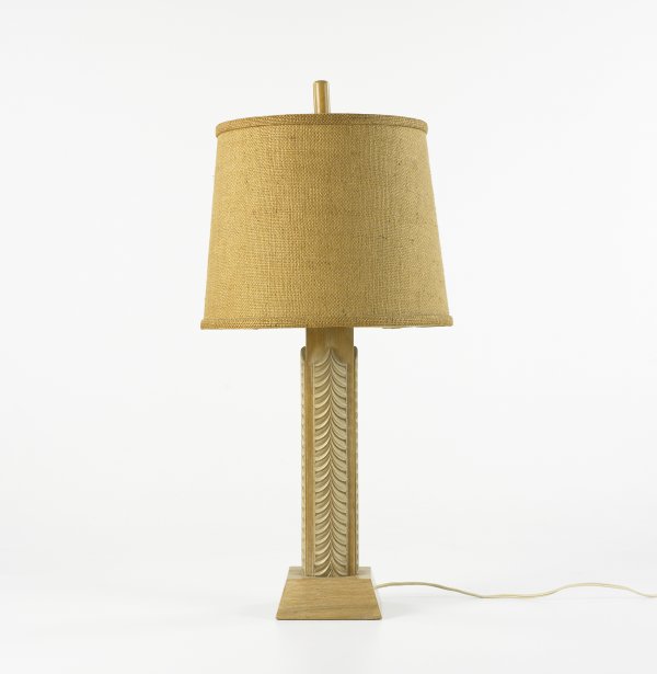 In the manner of James Mont table lamp: In the manner of James Mont table lamp USA, c. 1950 bleached mahogany, burlap 12.5 dia x 27 h inches