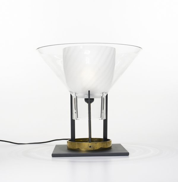 Carlo Moretti table lamp: Carlo Moretti table lamp Italy, c. 1990 enameled metal, brass, glass 15 dia x 14.5 h inches Signed with decal manufacturer label to shade: [Carlo Moretti Made In Italy].