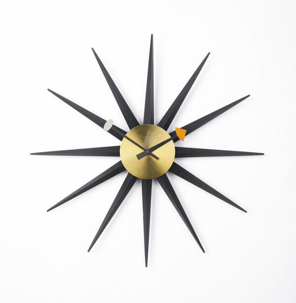 Nelson & Assoc. Sunburst wall clock, model 2230E: Nelson & Associates Sunburst wall clock, model 2230E Howard Miller Clock Company USA, 1955 enameled wood, brass, enameled aluminum 30.25 dia Signed with decal manufacturer's label to reverse: [Howard