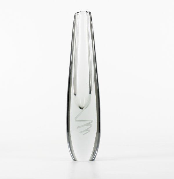 Gunnel Nyman Serpentine vase: Gunnel Nyman Serpentine vase Nuutajarvi Sweden, 1956 clear blown glass with white opal band 4 dia x 17.75 h inches